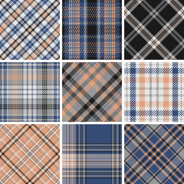 Set seamless vector check plaid pattern. Set seamless vector check plaid pattern. Checkered colored wallpaper background . Straight and oblique scottish fashion texture. Of printing on fabric, shirt, textile, curtain and tablecloth. tsp stock illustrations