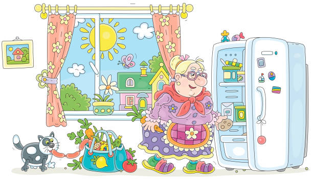 lustige mollige hausfrau mit frischem essen in einer küche - butterfly women humor fun stock-grafiken, -clipart, -cartoons und -symbole