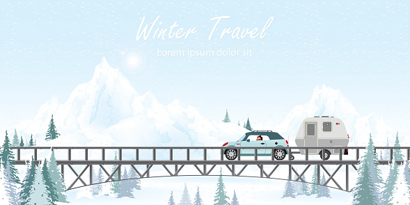 Family vacation travel. Happy couple driving car and motorhome on road in winter with snow and cold in the holiday. Caravan car Vacation in winter holiday trip flat design vector illustration.