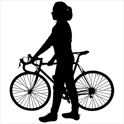 A young girl in a sports uniform, with a tail of hair on her head. The girl is holding a bicycle with her hands. Biking. Cyclist. Road bike. Side view. Black female silhouette isolated on white.