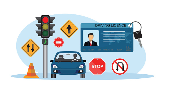 Driver license.Driving School Banner with car and traffic sign.Traffic rules. Road signs. Education and drive lesson. Vector illustration on white background