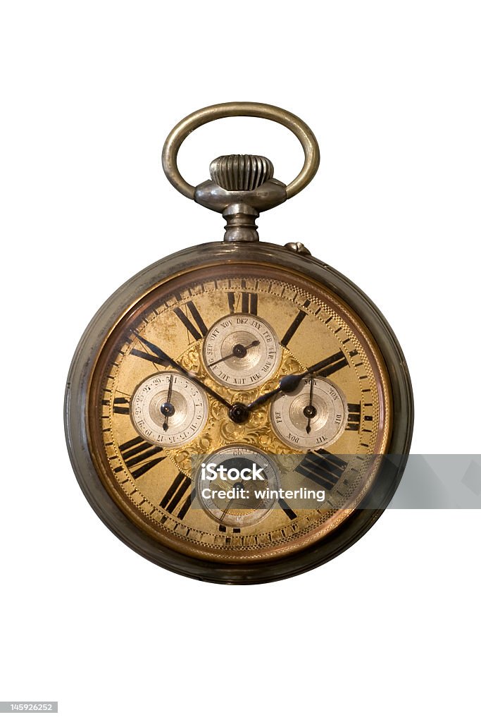 Vintage pocket watch on white background Old metal pocket watch isolated on a white background. Manufactured at the beginning of the 20th century. Pocket Watch Stock Photo