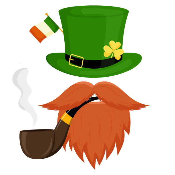 ilustraciones, imágenes clip art, dibujos animados e iconos de stock de un sombrero de duende decorado con la bandera de irlanda, bigote, barba y pipa. ilustración vectorial del día de san patricio aislada sobre un fondo blanco. - leprechauns