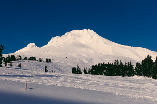 Snow capped mount hood in Oregon. Shot from Timberline Lodge on the mountain.