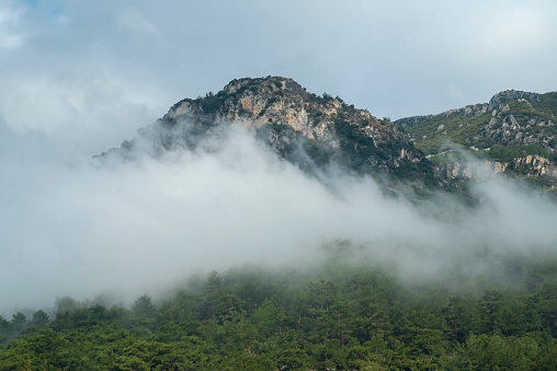 Mountain peak surrounded by fog with gray sky.