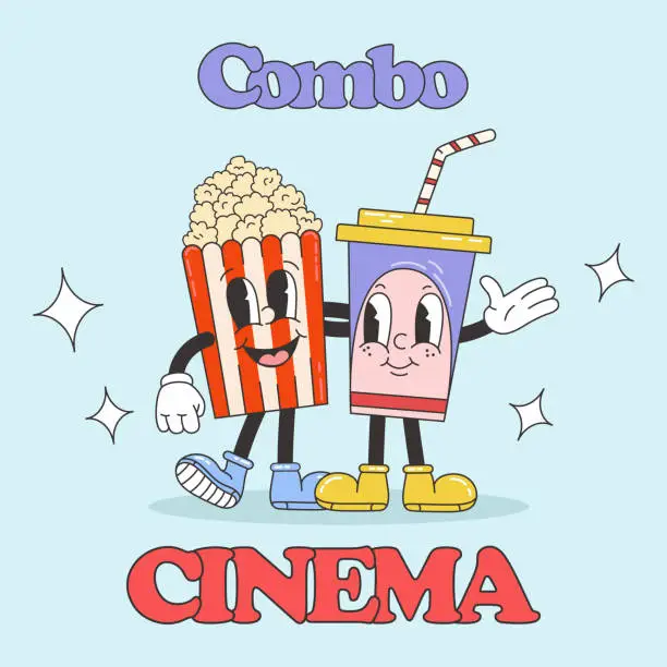 Vector illustration of Vintage poster for cinema. Retro cartoon food for promotion template.