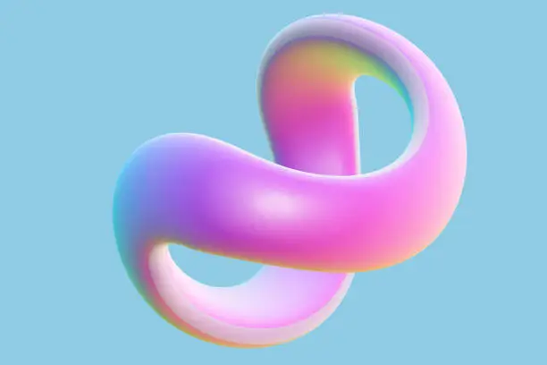 Vector illustration of 3D twisted pink ring on blue background. Abstract geometric shape - symbol of infinity and endlessness. Beautiful art object and decoration graphic element.