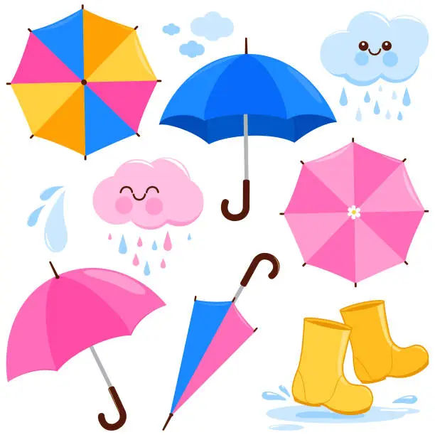 Vector illustration of Rainy day set with umbrellas and water boots. Vector illustration collection
