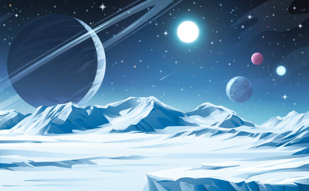 Ice Planet Illustration of a barren icy landscape on an alien planet with snow, hills, mountains and icebergs. In the background is a dark blue sky full of stars, suns and planets. Vector illustration with space for text. extrasolar planet stock illustrations