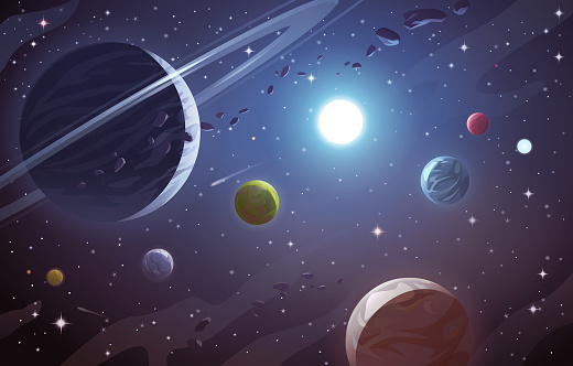 Vector illustration of a beautiful space scene full of planets, stars, astroids, nebulas, comets and a bright blue giant in its center. Concept and background related to space, space exploration, observation and astronomy.