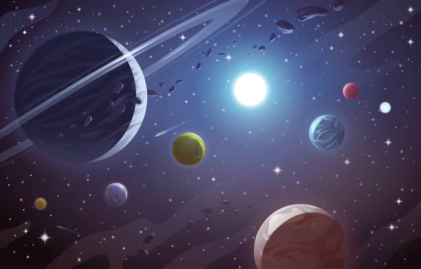 SPACE- Blue Giant Vector illustration of a beautiful space scene full of planets, stars, astroids, nebulas, comets and a bright blue giant in its center. Concept and background related to space, space exploration, observation and astronomy. extrasolar planet stock illustrations