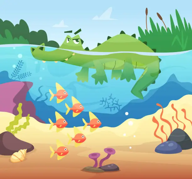 Vector illustration of Swiming alligator. underwater life with wild aggresive animal reptile. Vector background