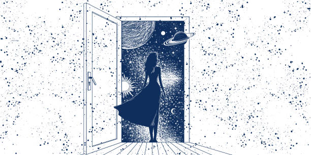 Mystical background with a woman for astrology, the girl stands with her back at the open door to space. Magic illustration with planets, concept of surrealism and psychedelics. Vector banner. Mystical background with a woman for astrology, the girl stands with her back at the open door to space. Magic illustration with planets, concept of surrealism and psychedelics. Vector banner meditation illustration stock illustrations