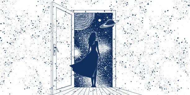 Vector illustration of Mystical background with a woman for astrology, the girl stands with her back at the open door to space. Magic illustration with planets, concept of surrealism and psychedelics. Vector banner.