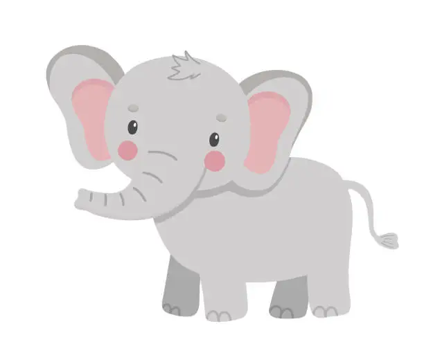 Vector illustration of Cute elephant in cartoon style. Drawing african baby wild animal isolated on white background. Vector sweet giraffe for kids poster and card. Jungle safari animal
