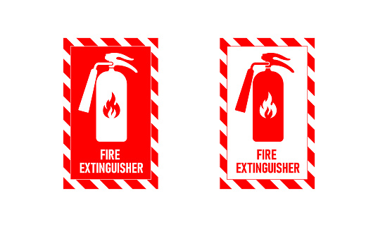 Fire extinguisher signs ,Firefighters tools for flame fighting attention colored vector