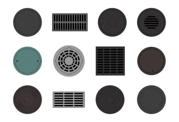 Sewer manholes and plumes set vector flat illustration. Industrial metal urban sewage Sewer manholes and plumes set vector flat illustration. Industrial metal urban sewage hygiene protection construction for asphalt road city sidewalk with cap circle rectangle and square shape top view manhole stock illustrations