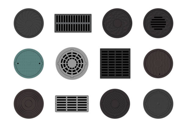 Sewer manholes and plumes set vector flat illustration. Industrial metal urban sewage Sewer manholes and plumes set vector flat illustration. Industrial metal urban sewage hygiene protection construction for asphalt road city sidewalk with cap circle rectangle and square shape top view steel gutters stock illustrations