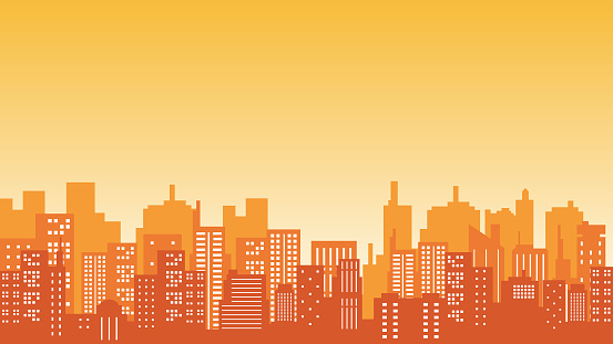 Panoramic landscape silhouette of city buildings in the morning with yellow sky view. City vector collection
