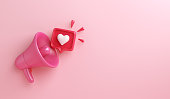 Happy Valentines day background concept with megaphone, speech bubble heart shape, copy space text, 3D rendering illustration