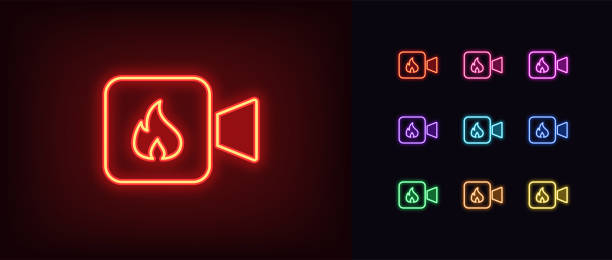 Outline neon video icon set. Glowing neon camera frame with fire sign, hot video content. Super popular movie, music video hit, hot live show, top story, hot news, fiery media content. Outline neon video icon. Glowing neon camera frame with fire sign, hot video content. Super popular movie, music video hit, hot live show, top story, hot news, fiery media content. Vector icon set youtube logo stock illustrations