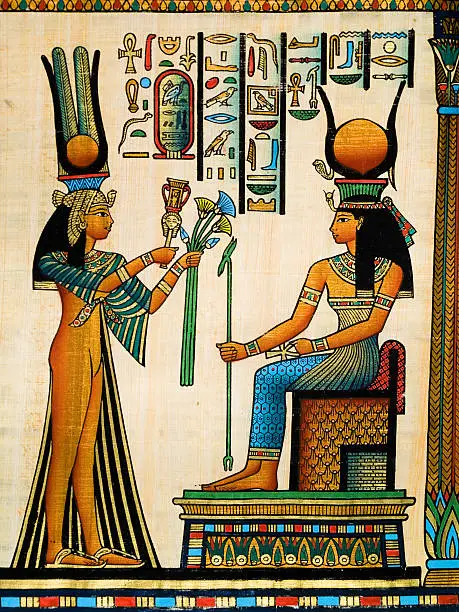 Papyrus showing Queen Nefertari making an offering to god Isis. Copy of a painting from  Nefertaris tomb in Thebes. Egypt series