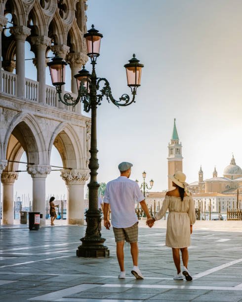 couple on a city trip in Venice, view of piazza San Marco, Venice, Italy stock photo