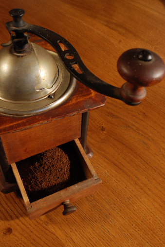 coffee mill on oak table