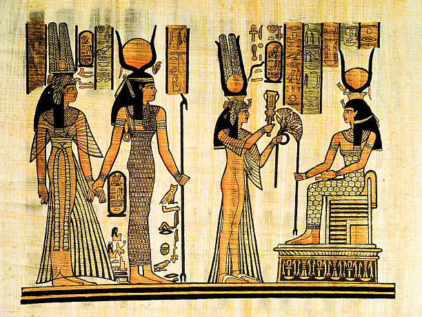 ísis e nefertari em um egípcio papiro - nefertaris temple of hathor - fotografias e filmes do acervo