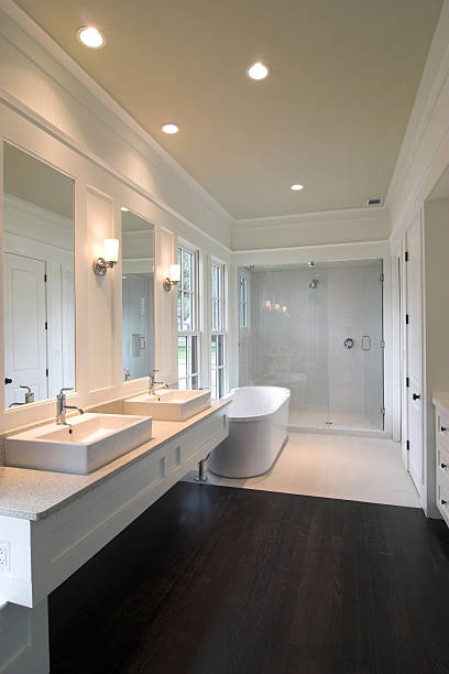 A modern white bathroom with contemporary fittings stock photo