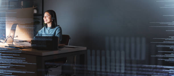 istock Office woman, digital overlay and night with computer, it vision or cyber security mockup. Cyber programmer, happy worker or big data expert in web coding workspace for information technology in dark 1459281628
