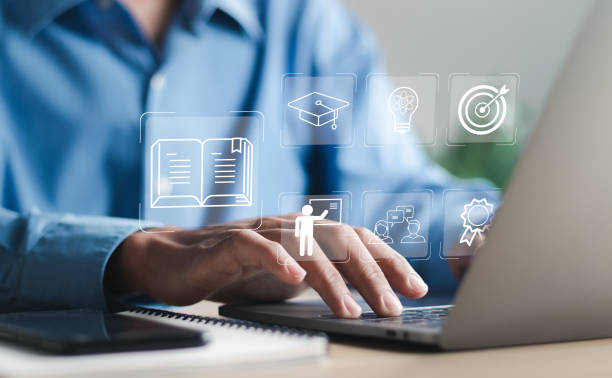 istock Education on internet, e-learning concept. Person who attends online lessons on a digital screen. Education internet Technology. 1459283543