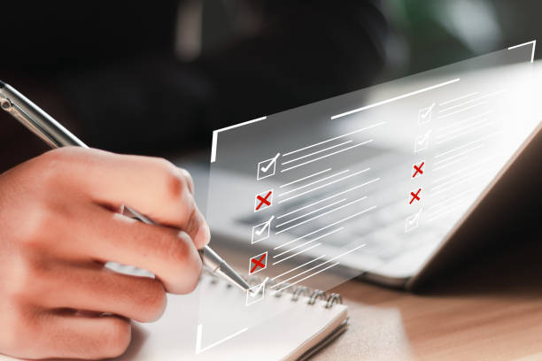 Survey form concept. Questionnaire with checkboxes, filling survey form online, answer questions of test. Education futuristic technology and learning concept.