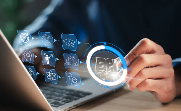 istock Education on internet, e-learning concept. Person who attends online lessons on a digital screen. Education internet Technology. 1459283672