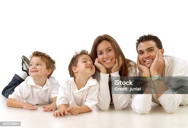 Family Portrait Casual Pose All Dressed In White Stock Photo - Download Image Now - 20-29 Years, 30-39 Years, Adult