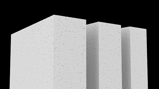 A 3D rendering of stacked styrofoam sheets isolated on a black background