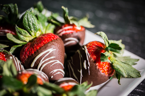 A closeup shot of gourmet chocolate covered strawberries