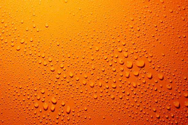 istock Closeup shot of waterdrops on an orange surface 1459293681