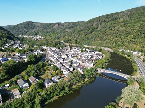 Fachbach town and River Lahn German Rhineland-Palatinate, drone aerial view