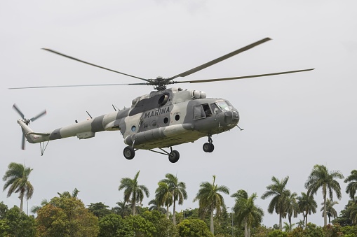 Matanzas, Cuba – November 12, 2022: A helicopter of the armed forces of mexico supports the fire in matanzas, cuba