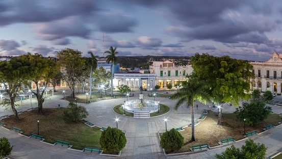 An aerial shot of La Libertad de Noche Park in the evening, Matanzas, Cuba
