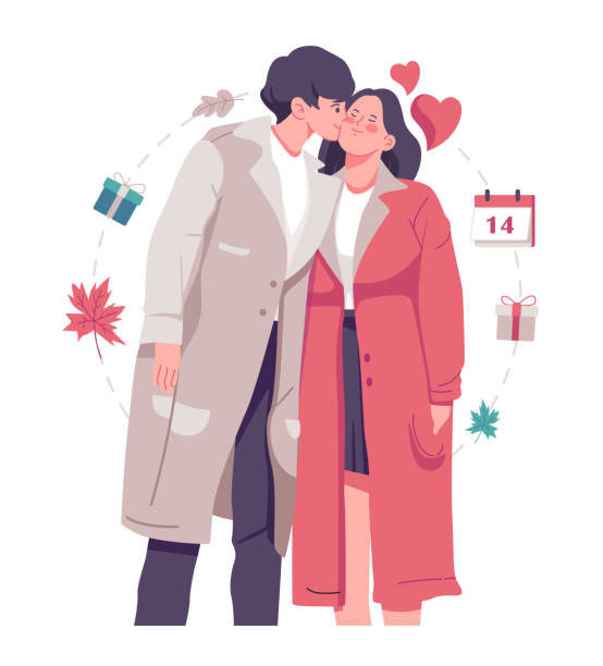 젊은 낭만적 인 남자 친구가 사랑하는 여자 친구에게 키스하고 있습니다. - valentines day romance boyfriend vertical stock illustrations