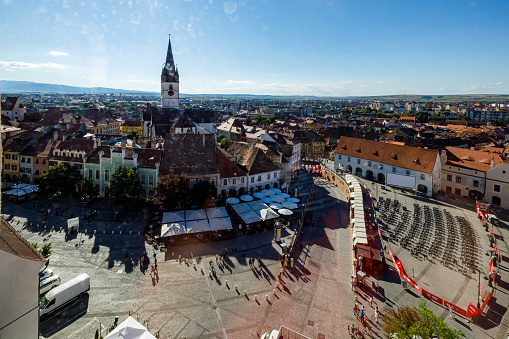 Sibiu, Transylvania, Romania - August 07, 2021: The historic city of Sibiu in Romania