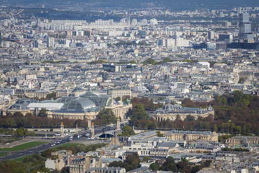 Aerial panorama of Edinburgh from above Salisbury Crags, looking over the city towards Leith and the Firth of Forth.