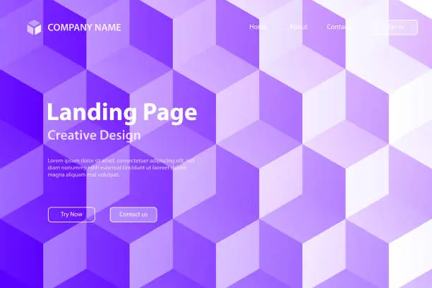 Vector illustration of Landing page Template - Abstract geometric background with Purple cubes - Trendy 3D background