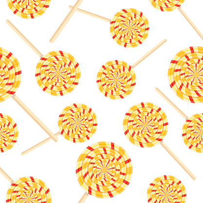 Seamless pattern lollipops are round with red and yellow stripes.Pattern for packaging,textiles, holiday designs.