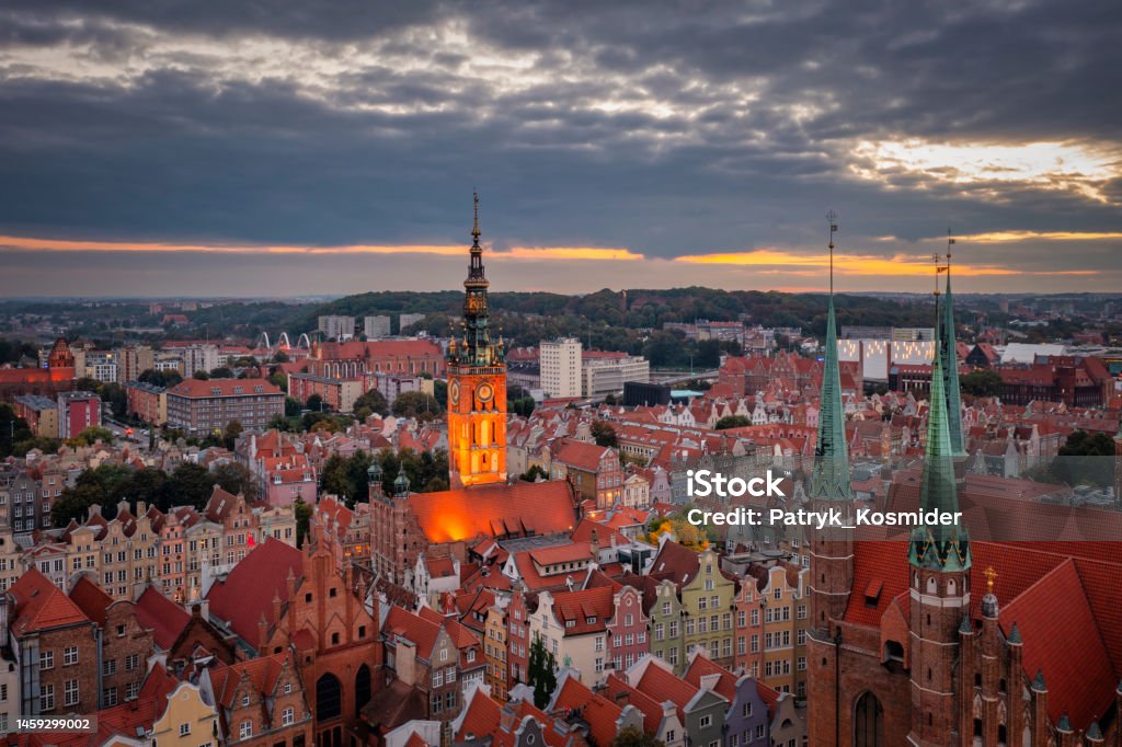Aerial view of the beautiful main city in Gdansk at dusk, Poland Architecture Stock Photo
