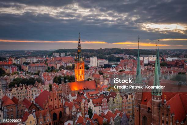 Aerial View Of The Beautiful Main City In Gdansk At Dusk Poland Stock Photo - Download Image Now