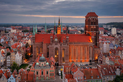 Aerial view of the beautiful main city in Gdansk at dusk, Poland