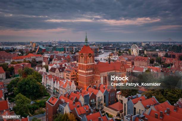 Aerial View Of The Beautiful Main City In Gdansk At Dusk Poland Stock Photo - Download Image Now
